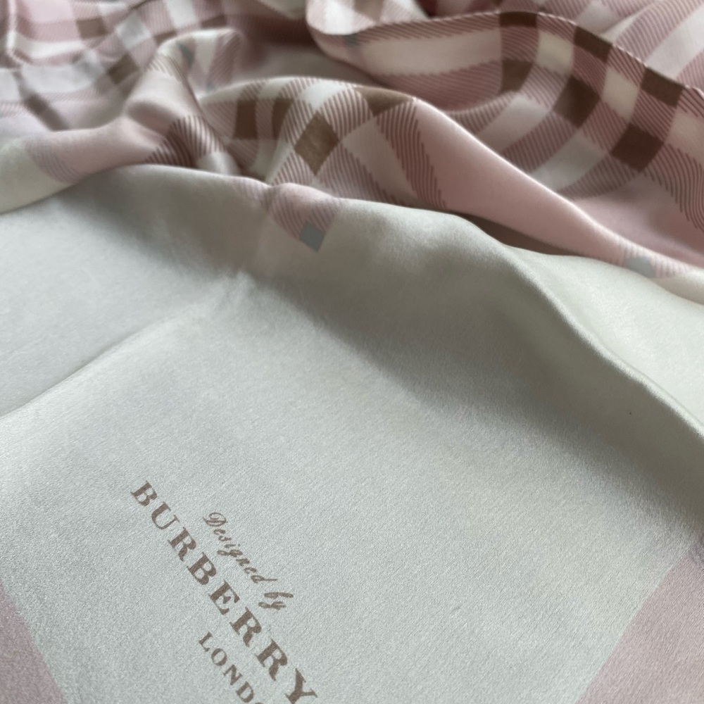 Authentic Burberry Pink Black Nova Check Plaid Print Silk Scarf - Picture 7 of 11